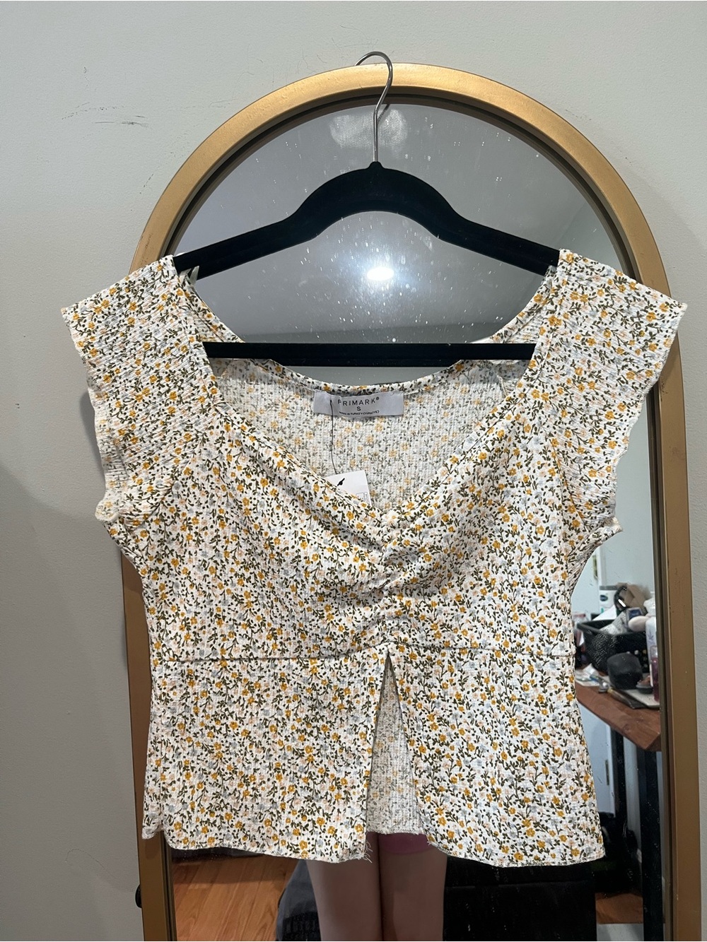 Primark White Top with Yellow Floral Print (size S) OPEN TO TRADE!